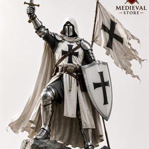 May include: A knight in full armor, holding a sword aloft and standing on a rocky surface. The knight wears a white tunic with a black cross, a metal helmet, and a flowing white cape. A shield and flag with a black cross are also present.