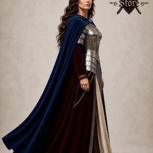 May include: A woman in medieval attire, featuring a blue cape, burgundy velvet dress, and silver armor. The dress has a gold trim and a cream-colored underdress. The image includes the text "Medieval Store" with a shield and crossed swords.