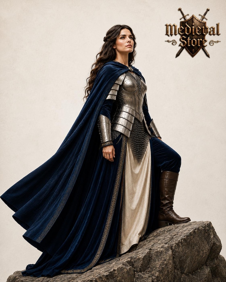 May include: A woman in medieval attire, including a silver breastplate, chainmail, and a flowing navy blue cape. The outfit is completed with brown boots and a cream-colored dress. The image features the "Medieval Store" logo.