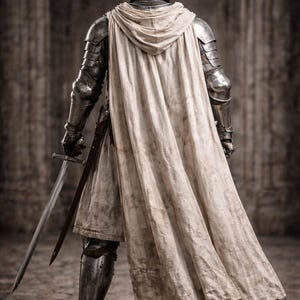May include: A medieval knight in full armor, viewed from the back, holding a sword. The knight wears a helmet, metal armor, and a cream-colored cloak. The image includes the text "Medieval Store" with a shield logo.