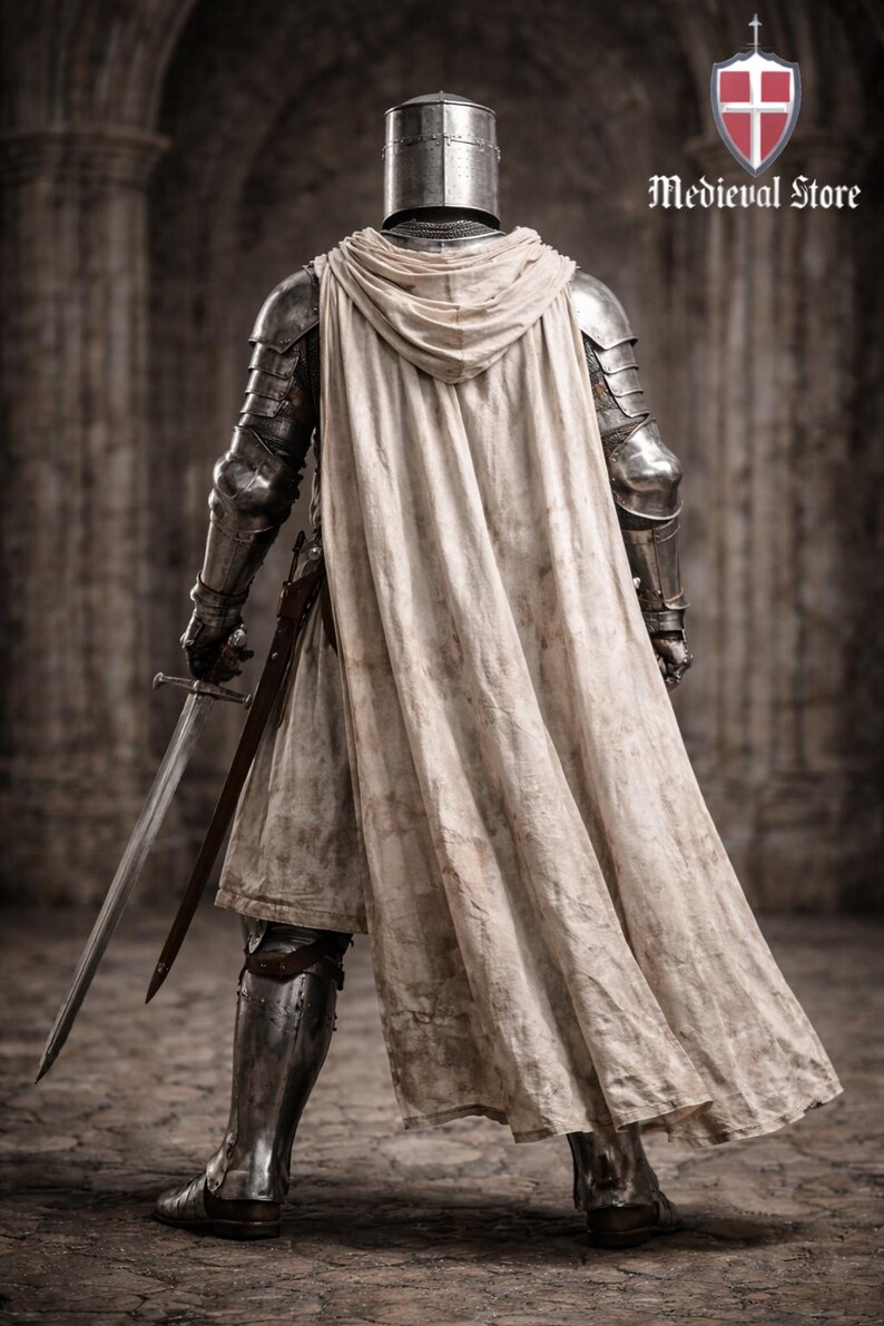 May include: A medieval knight in full armor, viewed from the back, holding a sword. The knight wears a helmet, metal armor, and a cream-colored cloak. The image includes the text "Medieval Store" with a shield logo.
