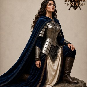 May include: A woman in medieval attire, kneeling on a rock. She wears silver armor, a long blue velvet cape with gold trim, and brown boots. The image includes the text "Medieval Store".