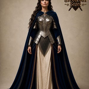May include: A woman wearing a medieval-style costume. The outfit includes a silver breastplate, chainmail, and a long, flowing blue velvet cape with gold trim. The dress underneath is a cream color. The image has the text "Medieval Store".