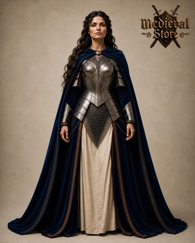 May include: A woman wearing a medieval-style costume. The outfit includes a silver breastplate, chainmail, and a long, flowing blue velvet cape with gold trim. The dress underneath is a cream color. The image has the text "Medieval Store".