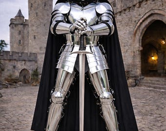 Set di armatura da cavaliere lucidato a specchio – Costume cosplay medievale completo con mantello