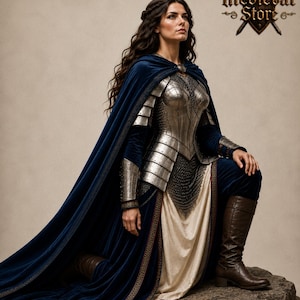 May include: A woman in medieval attire, kneeling on a rock. She wears silver armor, a long blue velvet cape with gold trim, and brown boots. The image includes the text "Medieval Store".