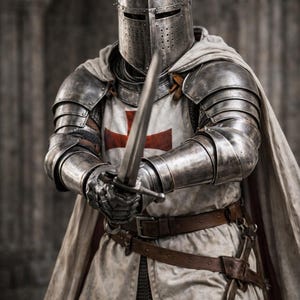 May include: A medieval knight in full armor, holding a sword. The knight wears a helmet, metal chest plate, and a white tunic with a red cross. A brown leather belt and a cape complete the outfit. The image has the text "Medieval Store".
