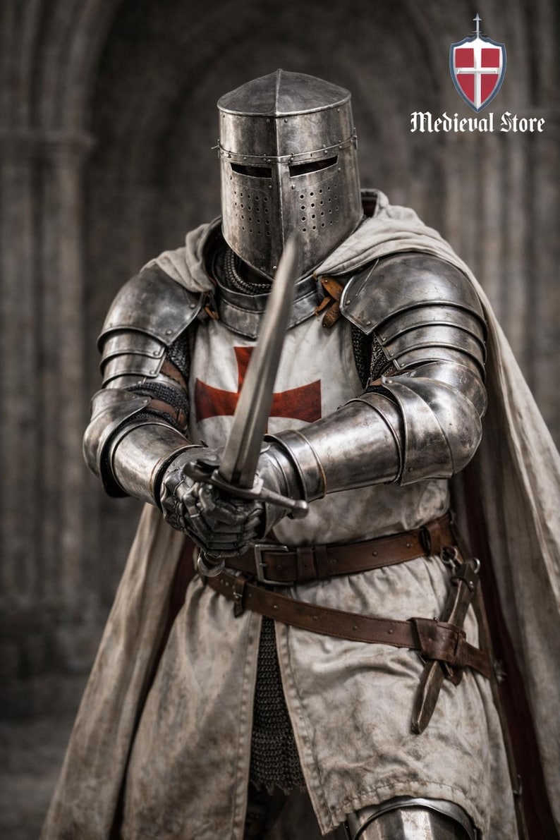 May include: A medieval knight in full armor, holding a sword. The knight wears a helmet, metal chest plate, and a white tunic with a red cross. A brown leather belt and a cape complete the outfit. The image has the text "Medieval Store".