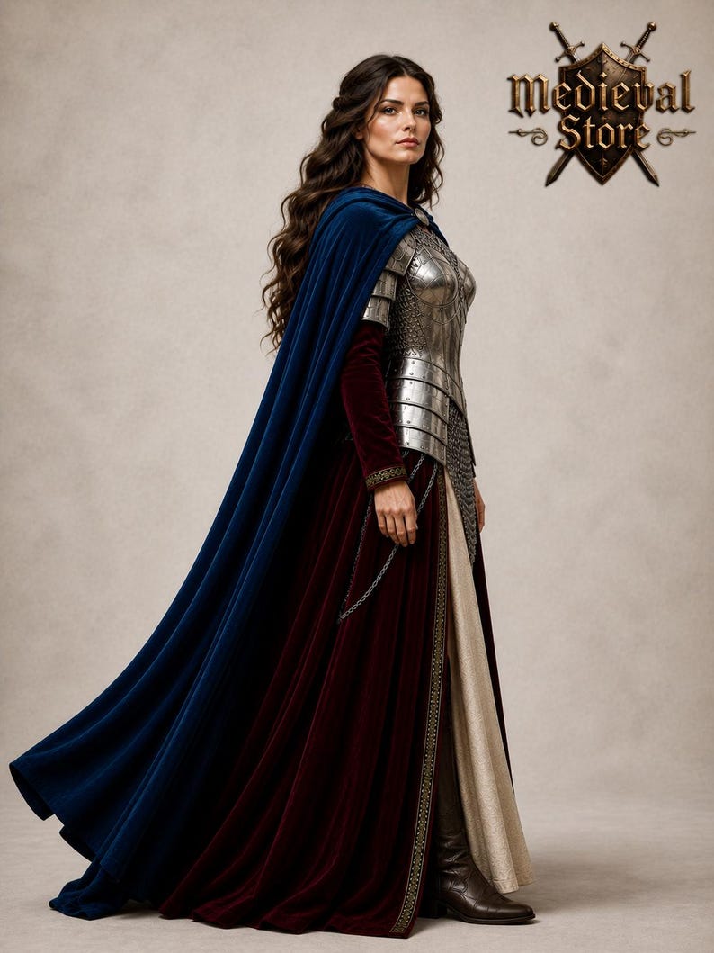 May include: A woman in medieval attire, featuring a blue cape, burgundy velvet dress, and silver armor. The dress has a gold trim and a cream-colored underdress. The image includes the text "Medieval Store" with a shield and crossed swords.