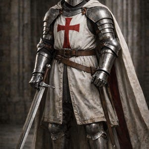 May include: A full suit of medieval armor, including a helmet, chest plate with a red cross, and leg protection. The knight is holding a long sword. The image includes the text "Medieval Store".