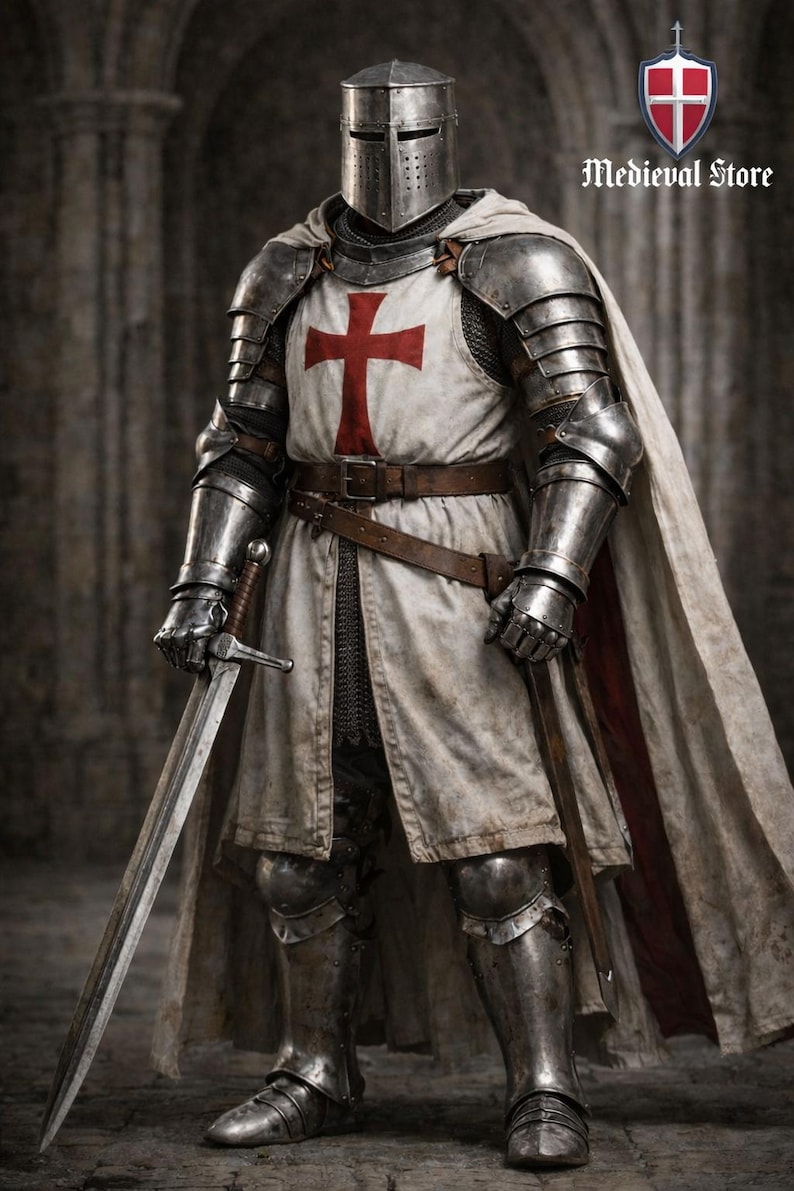 May include: A full suit of medieval armor, including a helmet, chest plate with a red cross, and leg protection. The knight is holding a long sword. The image includes the text "Medieval Store".