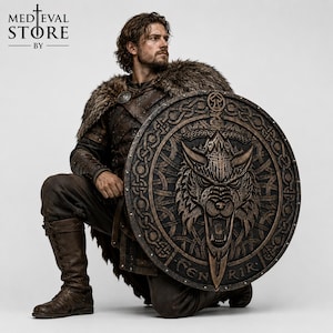Pode incluir: Um escudo redondo de madeira com uma cabeça de lobo esculpida no centro. O escudo é castanho com intrincados desenhos de nós celtas em volta do lobo. O texto "MEDIEVAL STORE BY" é visível no canto superior esquerdo. A pessoa usa uma túnica de couro.