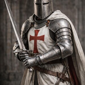 May include: A knight in full armor, holding a long sword. The armor is silver with a white tunic featuring a large red cross. A white cape with a red trim is draped over the shoulders. The image includes the text "Medieval Store".