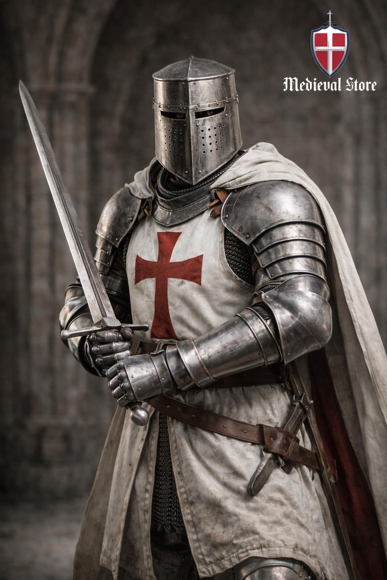 May include: A knight in full armor, holding a long sword. The armor is silver with a white tunic featuring a large red cross. A white cape with a red trim is draped over the shoulders. The image includes the text "Medieval Store".