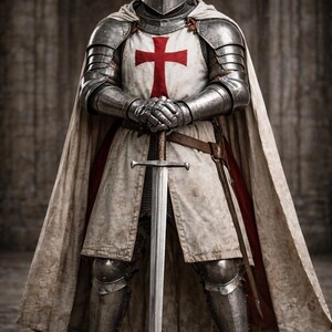 May include: A full suit of medieval armor, including a helmet, chest plate, and leg guards. The white tunic features a large red cross. A long sword is held in front of the figure. The image has the text "Medieval Store".