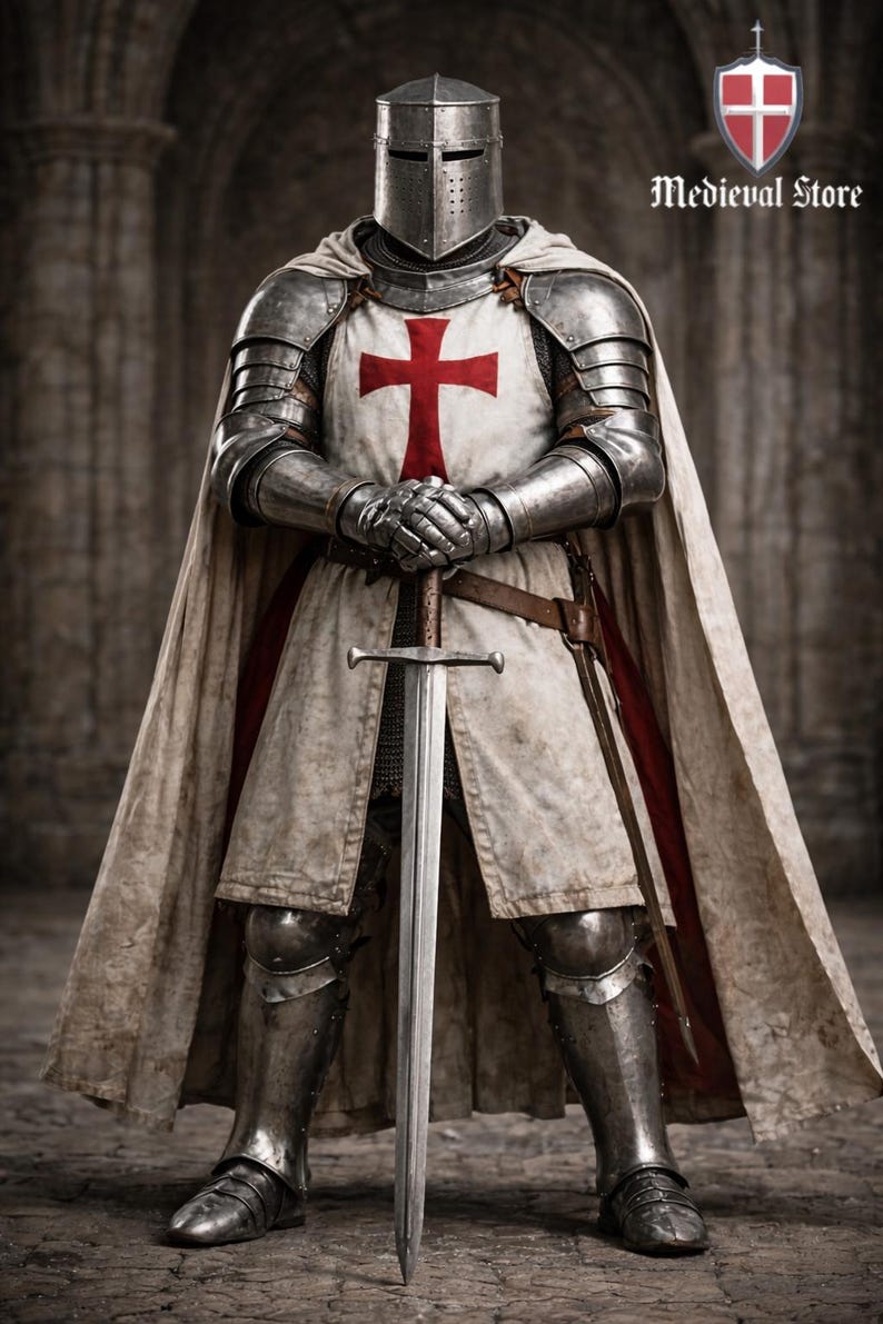 May include: A full suit of medieval armor, including a helmet, chest plate, and leg guards. The white tunic features a large red cross. A long sword is held in front of the figure. The image has the text "Medieval Store".