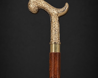 Bastone da passeggio in legno massello con impugnatura vittoriana in ottone massiccio e fusto in legno pregiato, inciso, ideale per gentiluomini vittoriani, regalo decorativo per la mobilità.