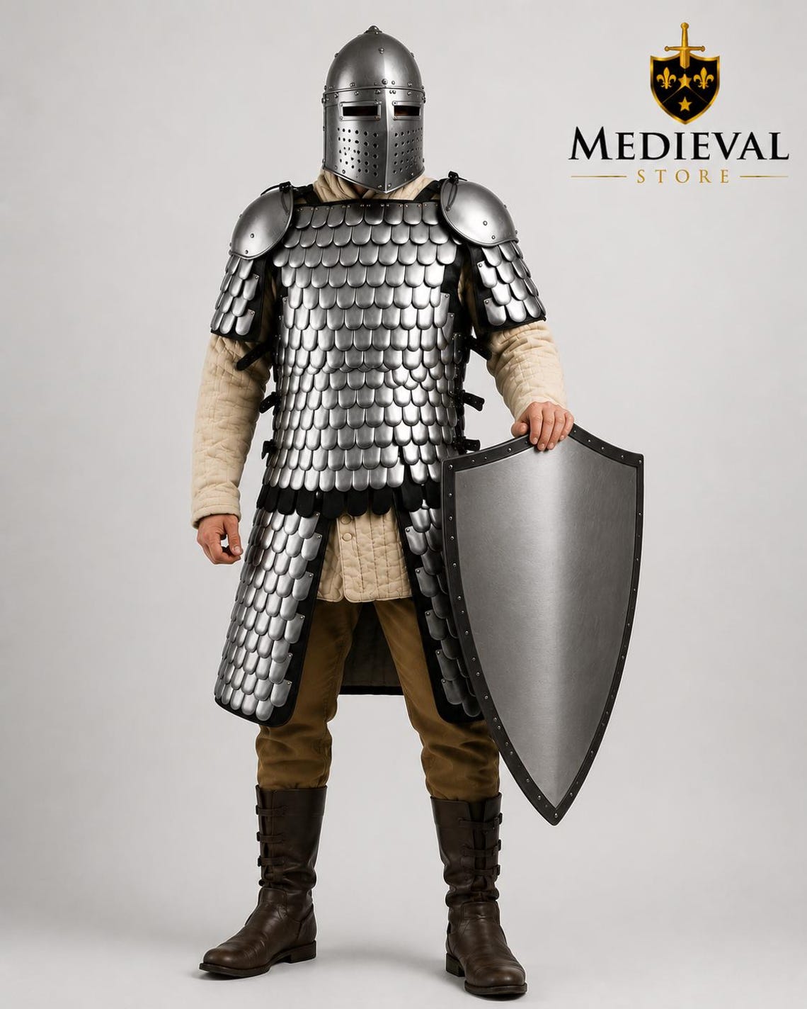 Handmade medieval scale steel armor with knight helmet, shield, quilted underlayer, and warrior-style design displayed in standing pose.