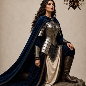 May include: A woman in medieval attire, kneeling on a rock. She wears silver armor, a long blue velvet cape with gold trim, and brown boots. The image includes the text "Medieval Store".