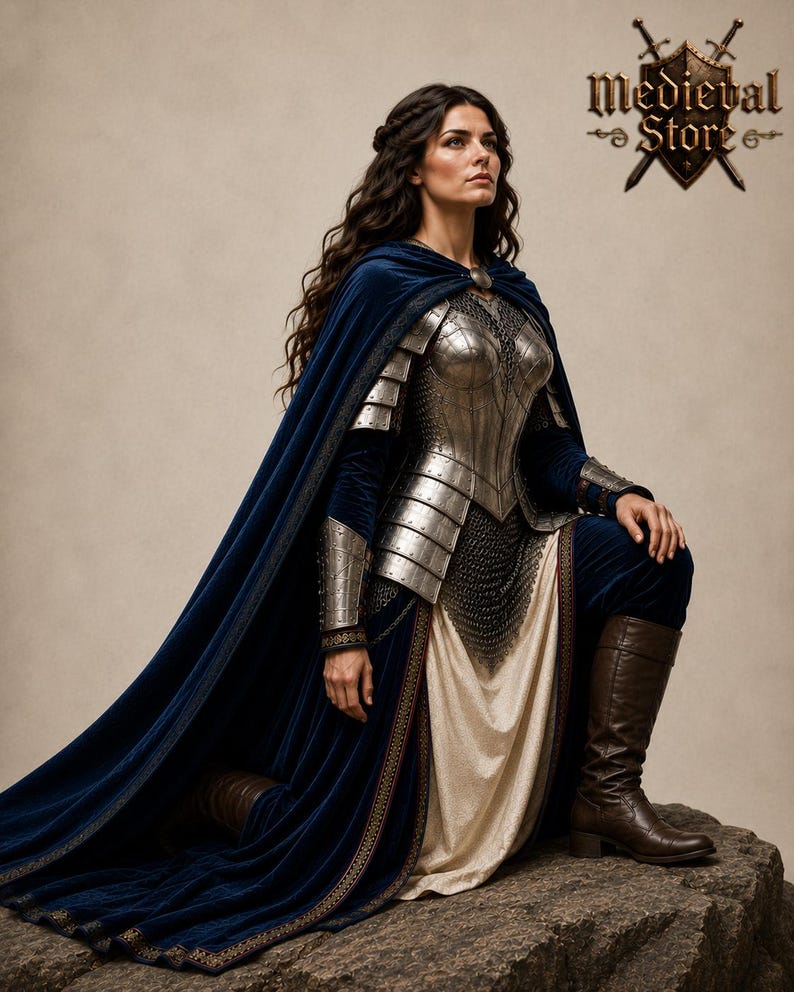 May include: A woman in medieval attire, kneeling on a rock. She wears silver armor, a long blue velvet cape with gold trim, and brown boots. The image includes the text "Medieval Store".