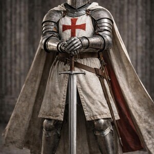 May include: A full suit of medieval knight armor, including a helmet, chainmail, and plate armor. The knight is holding a long sword. A white tunic with a red cross is visible. The image includes the text "Medieval Store".