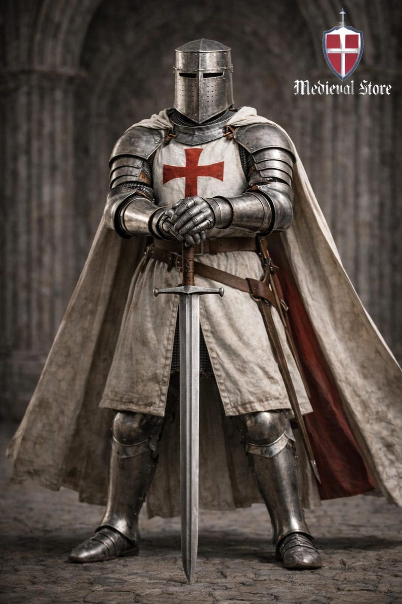 May include: A full suit of medieval knight armor, including a helmet, chainmail, and plate armor. The knight is holding a long sword. A white tunic with a red cross is visible. The image includes the text "Medieval Store".