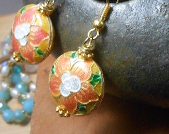Floral Cloisonné and Gold Earrings