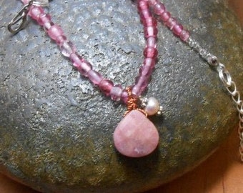 Gemstone & Pearl Necklace, Pink Gemstone Jewelry,Pink Beaded Necklace,Tourmaline Jewelry