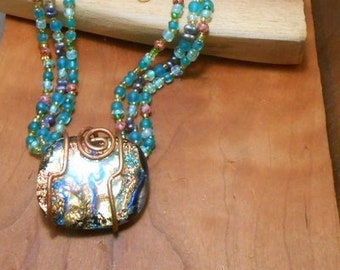 Beaded Wire Wrap Necklace In Copper- Copper Wire Wrapped Dichroic Glass Necklace -Copper Jewelry -Wire Wrapped Necklace-Beaded Jewelry