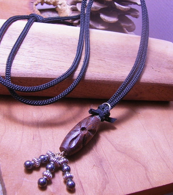 Hand Carved Dark Wood and Black Leather Pendant-mens Jewelry- Gift