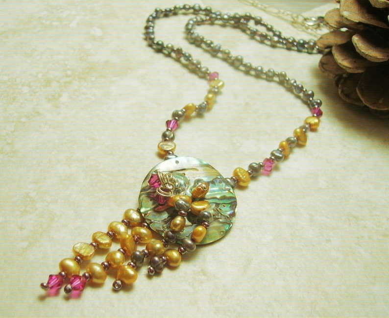 Aurora Abalone Black & Gold Pearl Necklace-Handmade Beach Jewelry image 1