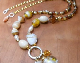 Lampwork Bead and Pearl Mix Necklace, Earring Set ,Lampwork  Jewelry ,Beaded Necklace-Venetian Murano Glass-Handmade Jewelry