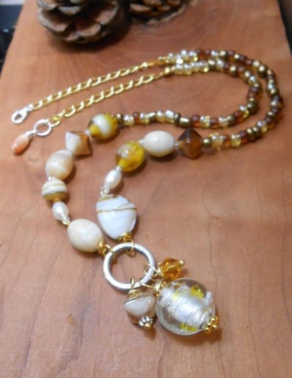 Lampwork Bead and Pearl Mix Necklace, Earring Set ,Lampwork  Jewelry ,Beaded Necklace-Venetian Murano Glass-Handmade Jewelry