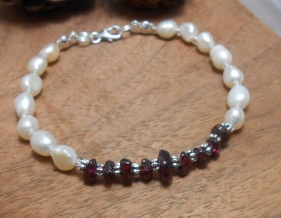 Garnet & Pearl Bracelet-Pearl Bracelet-Sterling Silver-,White Pearls - Gemstone Jewelry