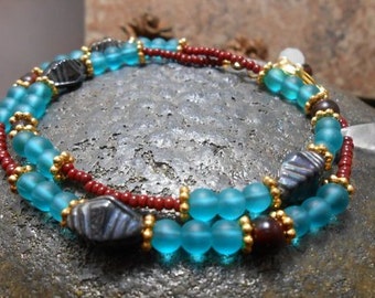 Small Beaded Sea Glass Wrap - boho bead bracelet- beaded wrap bracelet- bohemian bracelet- beaded jewelry- layer bracelet,