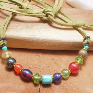 Leather and Vintage African Glass Bead Necklace, Soft Leather Necklace,Lamp Work Beaded Jewelry