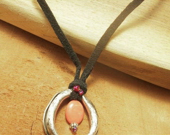 Rustic Eco Friendly Recycled Silver ,Halo , Coral  and Black Leather Necklace