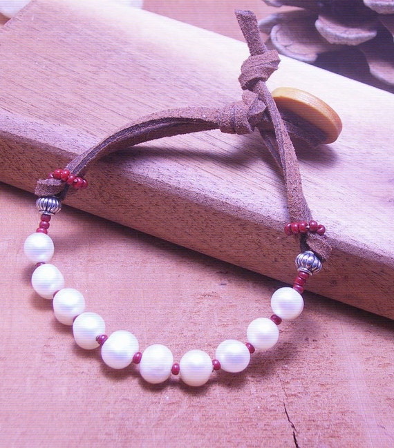 Elegant Red Leather Bracelet with Pearl Accent Red Leather and Pearl Wrap Bracelet With Silver Accents  main image 3