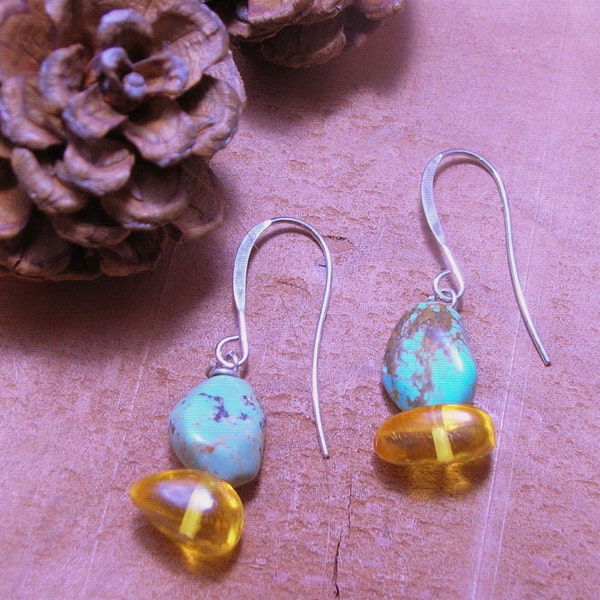 Stones Throw Turquoise and Baltic Amber Earrings-Turquoise Jewelry-Baltic Amber Earring