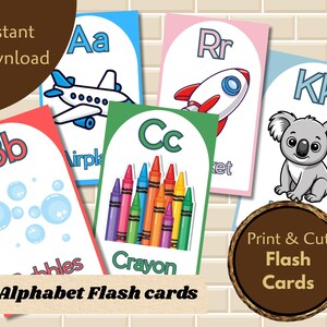 May include: A set of alphabet flash cards with vibrant illustrations. Each card showcases a letter alongside a related image, like an airplane for 'A' and a rocket for 'R'. The cards are designed for print and cut, with the words 'Alphabet Flash cards' displayed.