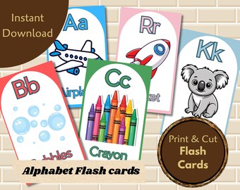 Schede didattiche dell'alfabeto dalla A alla Z / 26 schede stampabili a colori 3×5 / Apprendimento ABC / Scuola materna e asilo / Download PDF immediato