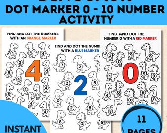 Dinosauro Trova e punteggia i numeri da 0 a 10 / Attività stampabile con i numeri e i marcatori a punti / Foglio di lavoro di conteggio per la scuola materna