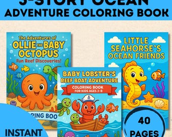 Pacchetto di libri da colorare per bambini "Avventure nell'oceano" / Animali dell'oceano, aragosta, cavalluccio marino e polpo / Attività prescolare / Mare / Attività sull'oceano