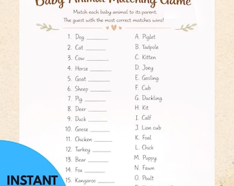 Gioco di abbinamento di animali per baby shower / Gioco stampabile per baby shower / Attività divertente per baby shower / Download immediato