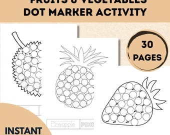 Pagine da colorare con pennarelli a pois per bambini con frutta e verdura / Attività per bambini piccoli (download immediato)