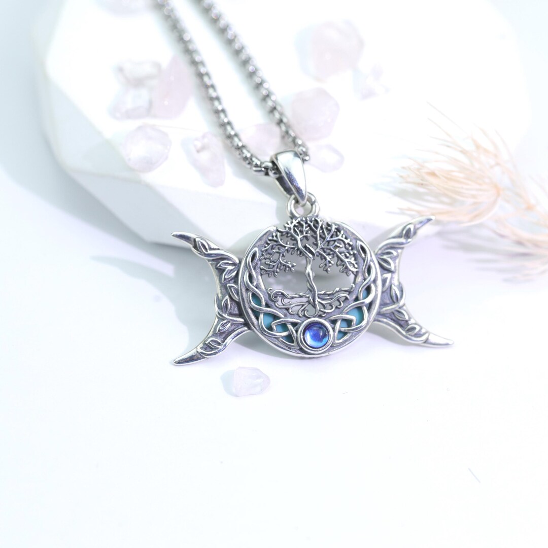 925 Sterling Silver Triple Moon Goddess Necklace With Tree of Life ...