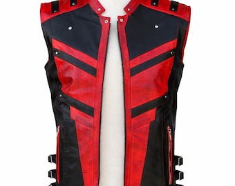 Men's Red Black Genuine Leather Biker Vest | Punk Motorcycle Sleeveless Jacket