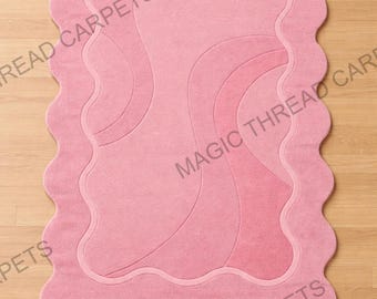 Alfombra festoneada rosa hecha a mano con mechones: alfombra estética coqueta, alfombra de lana con bordes ondulados, decoración femenina para dormitorio, linda alfombra para habitación de niñas.