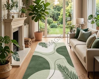 Alfombra de pasillo con estampado botánico abstracto verde – Alfombra moderna tejida a mano con diseño de hojas, estilo bohemio minimalista, decoración del hogar inspirada en la naturaleza.