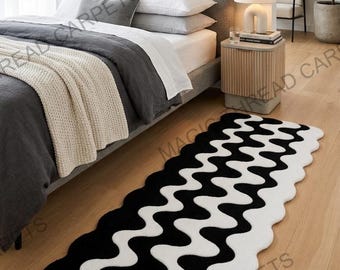 Alfombra de pasillo ondulada en blanco y negro, tejida a mano, moderna, abstracta, minimalista, escandinava, ideal para pasillos largos y decoración estética del hogar.